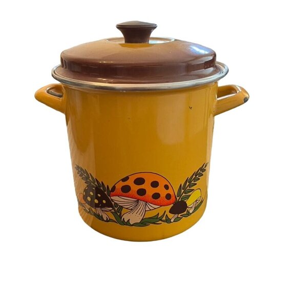 Corningware Other - Vintage Sears Merry Mushroom Yellow Stock Pot Enamel w/ Lid 1970 Retro MCM